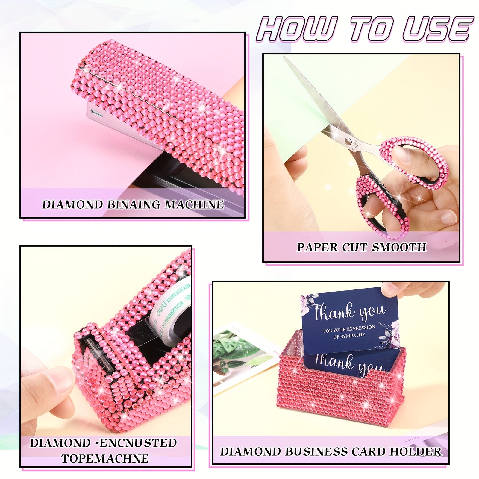 6pcs Bling Office Desk Accessories Set Crystal Stationery Kit Scissor Stapler with Staple, Tape Dispenser, Diamond Pen, Staple Remover, Binder Clip, Paper Clip, Push Pins (Pink)