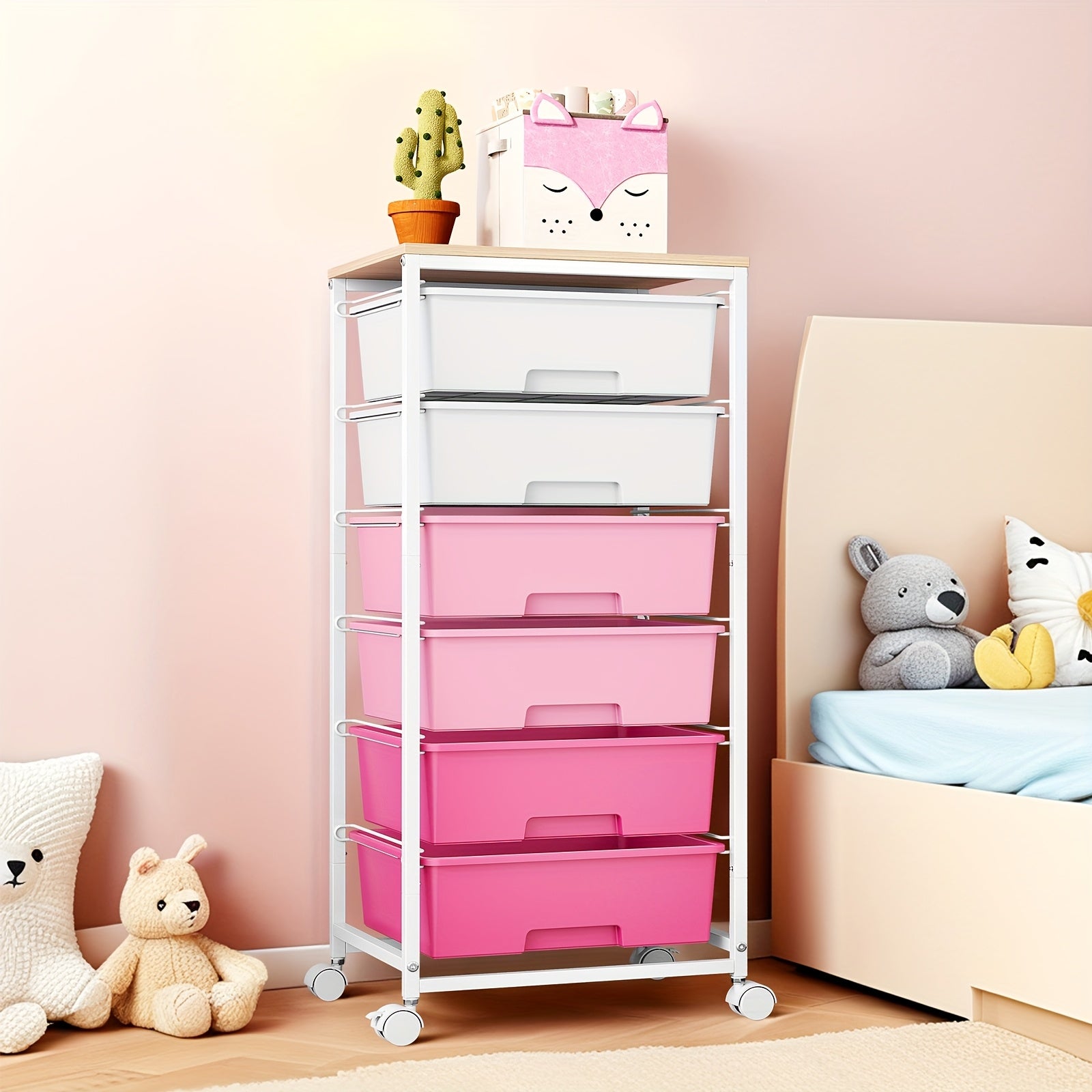 Pinky 6-Drawer Rolling Storage Cart with Lockable Wheels, Pink Metal Utility Organizer
