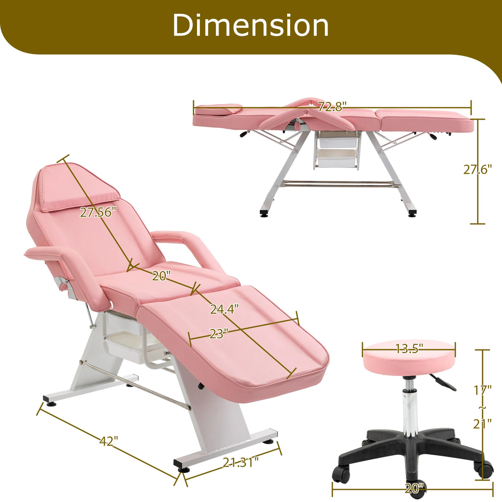 Multi-Purpose Chair, 3-Section Adjustable Facial Bed with Trays, Pink + Metal