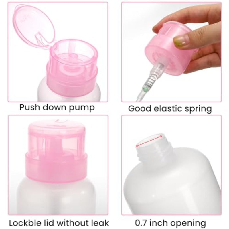 16 Pack Push Down Pump Dispenser 6.8oz 200ml Plastic Lockable Acetone Dispenser Empty Liquid Bottle with Filp Top Cap Pump Press Container for Nail Polish Makeup Remover Facial Toner