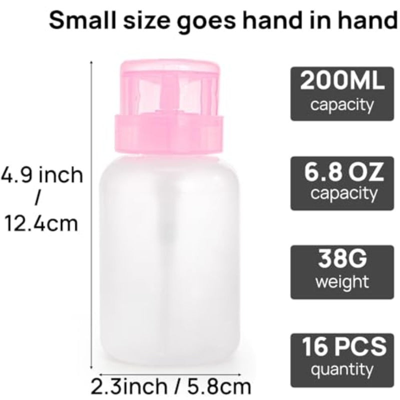16 Pack Push Down Pump Dispenser 6.8oz 200ml Plastic Lockable Acetone Dispenser Empty Liquid Bottle with Filp Top Cap Pump Press Container for Nail Polish Makeup Remover Facial Toner