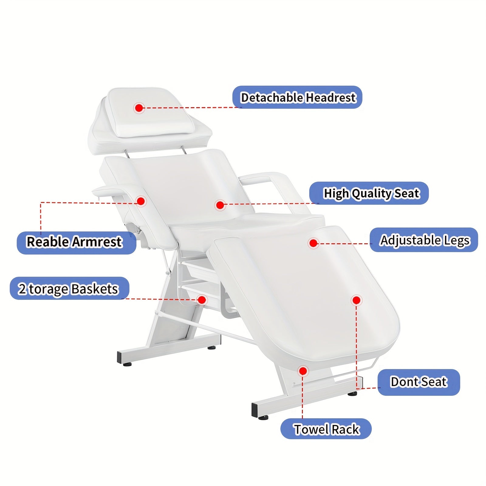 V VDLONSY Facial Chair Tattoo Chair for Client Adjustable 3-Section Multipurpose with Hydraulic Stool for Esthetician Beauty Spa Tattoo Eyelash Equipment White