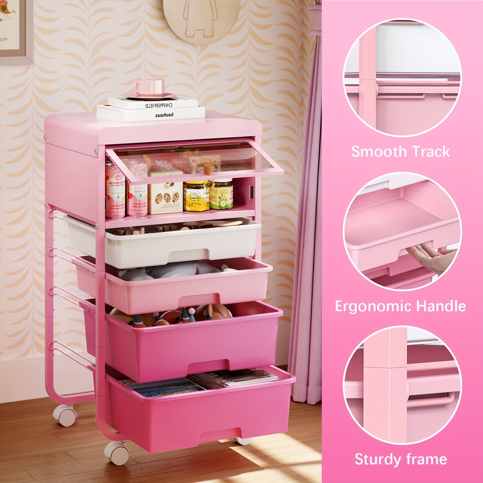 Rolling Storage Trolley Featuring 4 Drawers, Utility Cart with Pink Compartments