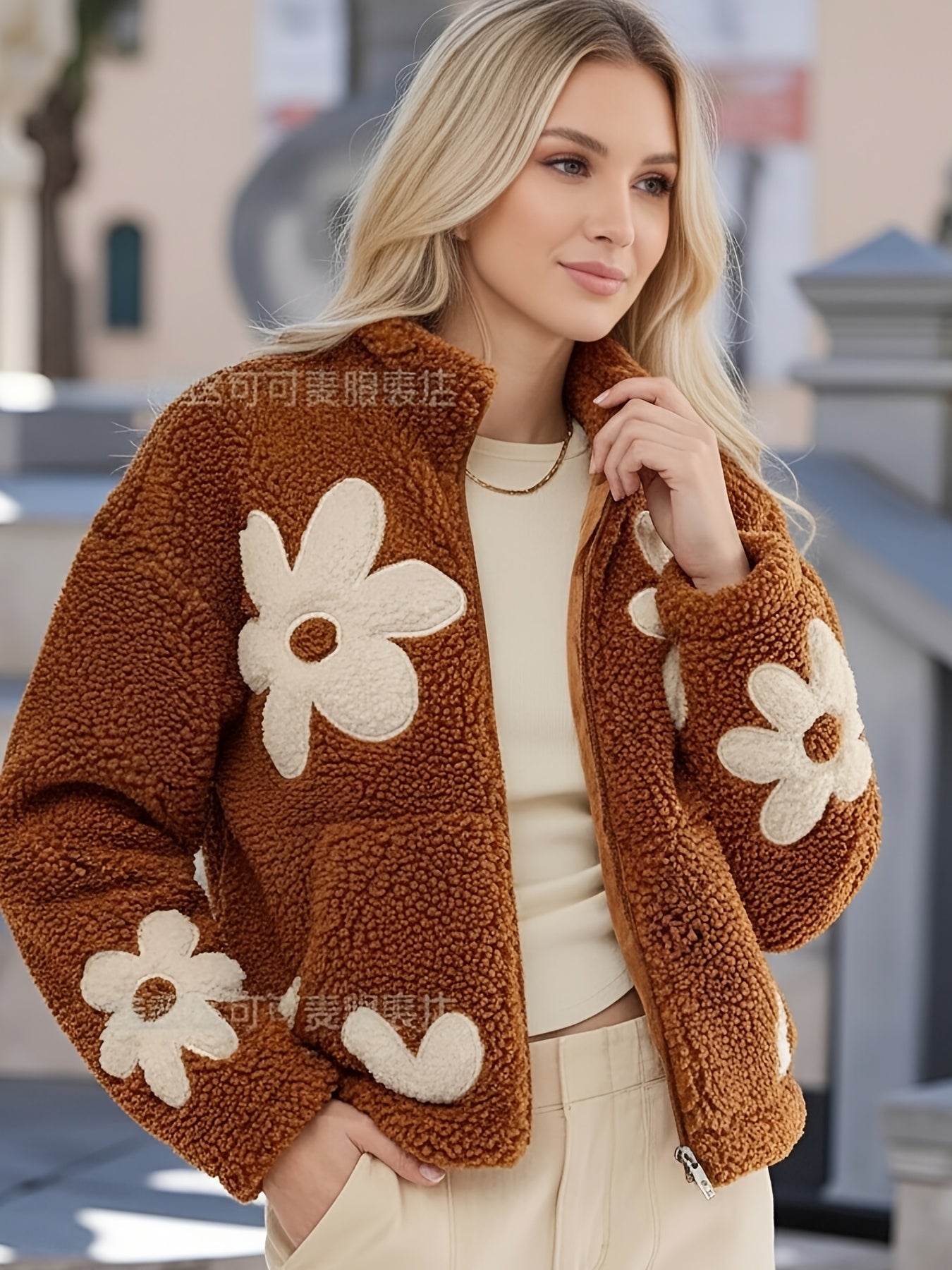 Flower Child Jacket - Loose-Fit Collar Cardigan with Door Zipper, Machine-Washable Non-Stretch Jacket for - Casual Outerwear