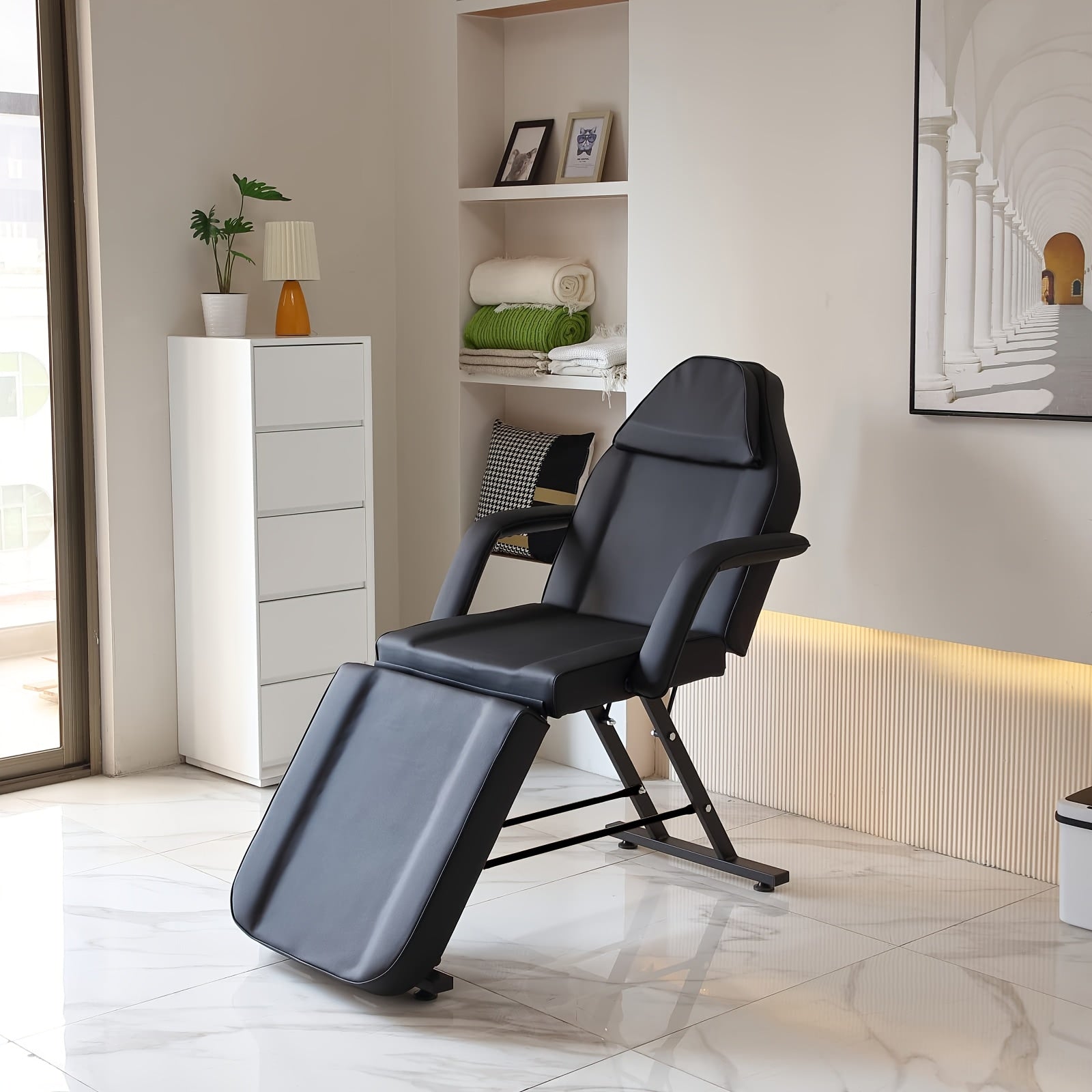 Beauty Bed With Stool Massage Table With Head Cushion 3 Section Adjustable Beauty Bed Professional Tattoo SPA Salon Chair (Black)