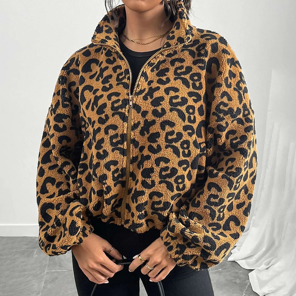 Leopard Zip-Up Long Sleeve Jacket Fleece jacket