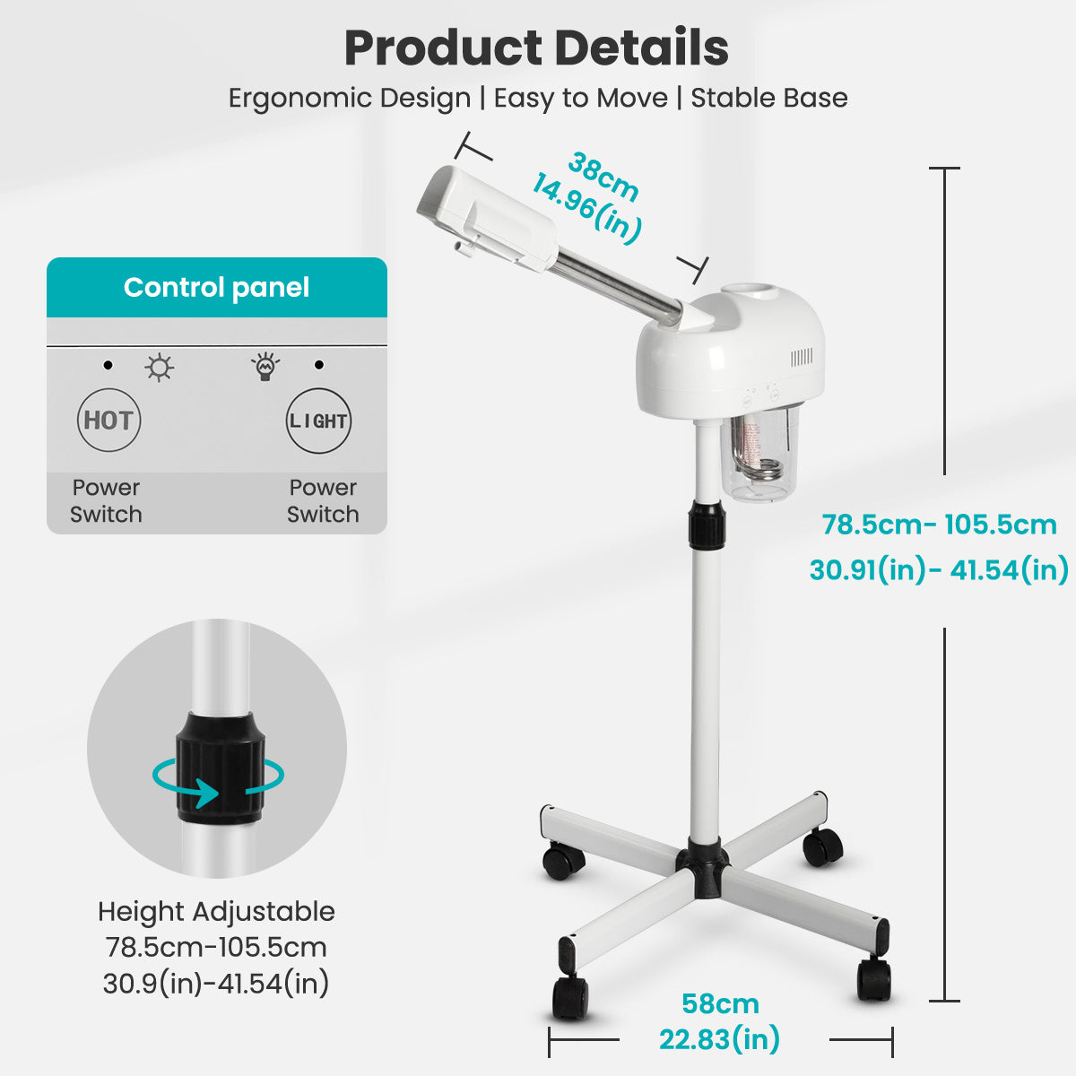 Professional Ozone Facial Steamer with Wheels | Adjustable Height 30.9"-41.5" Mobile System for Home, Spa, Beauty Clinic – Quiet Operation & Large Mist Output