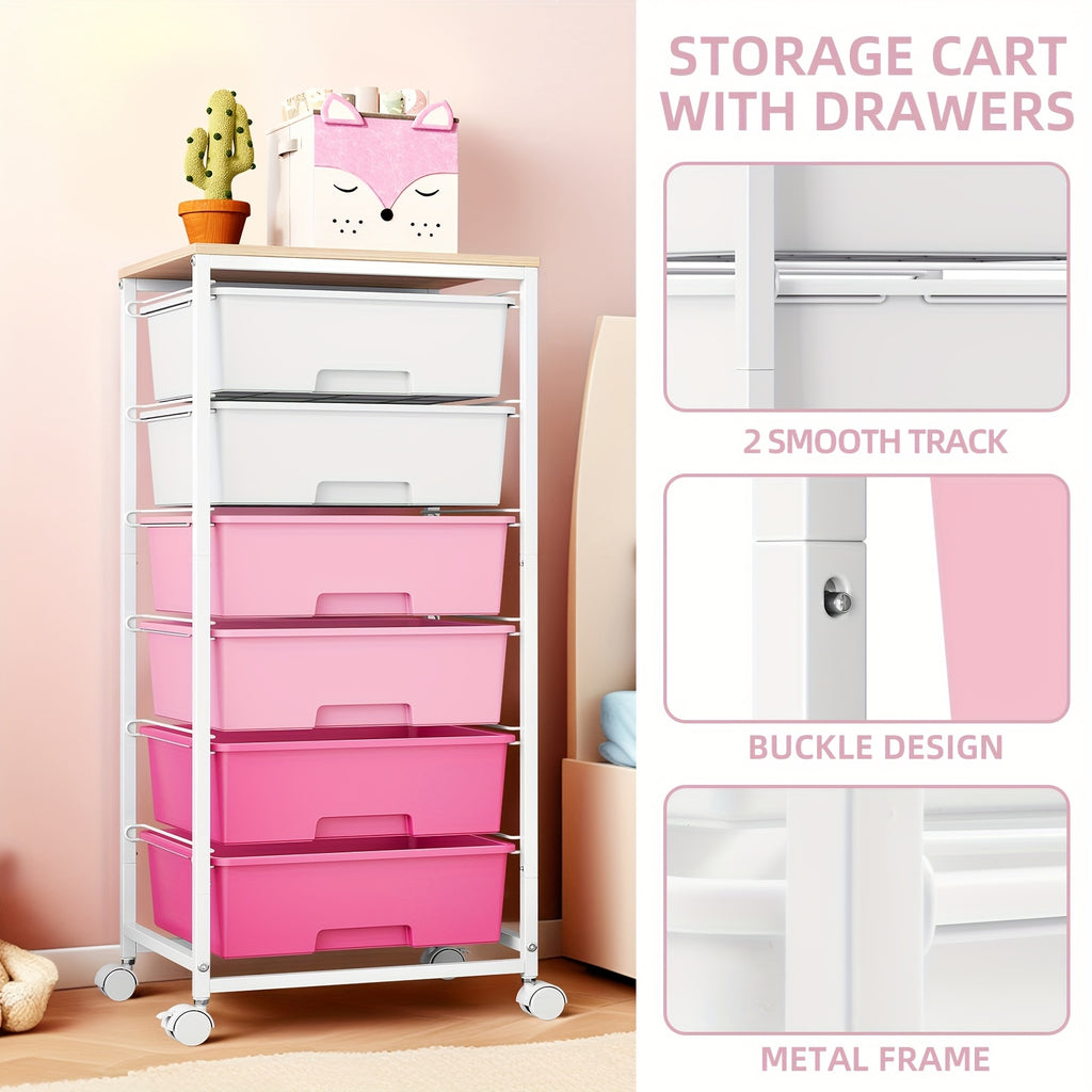 Pinky 6-Drawer Rolling Storage Cart with Lockable Wheels, Pink Metal Utility Organizer