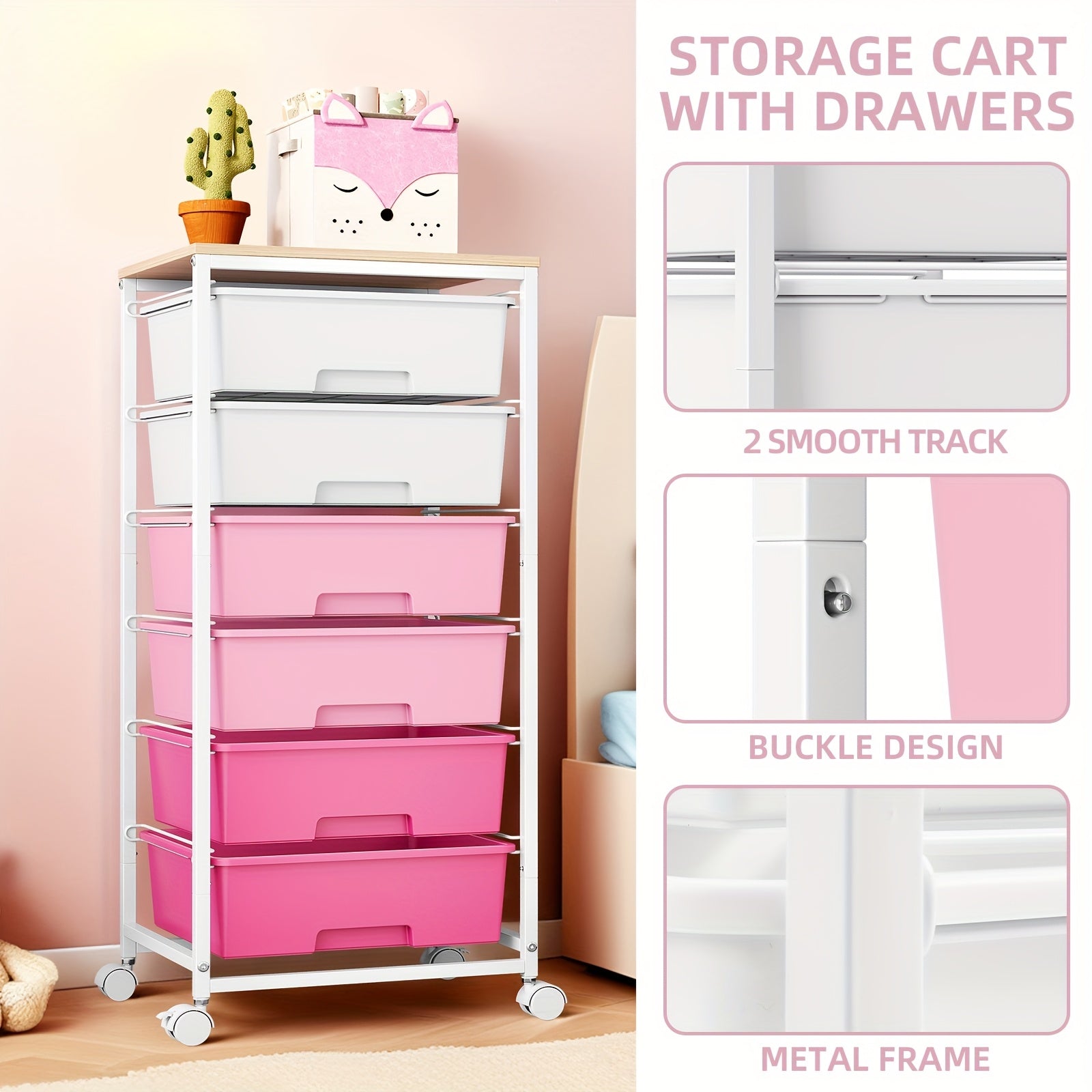 Pinky 6-Drawer Rolling Storage Cart with Lockable Wheels, Pink Metal Utility Organizer