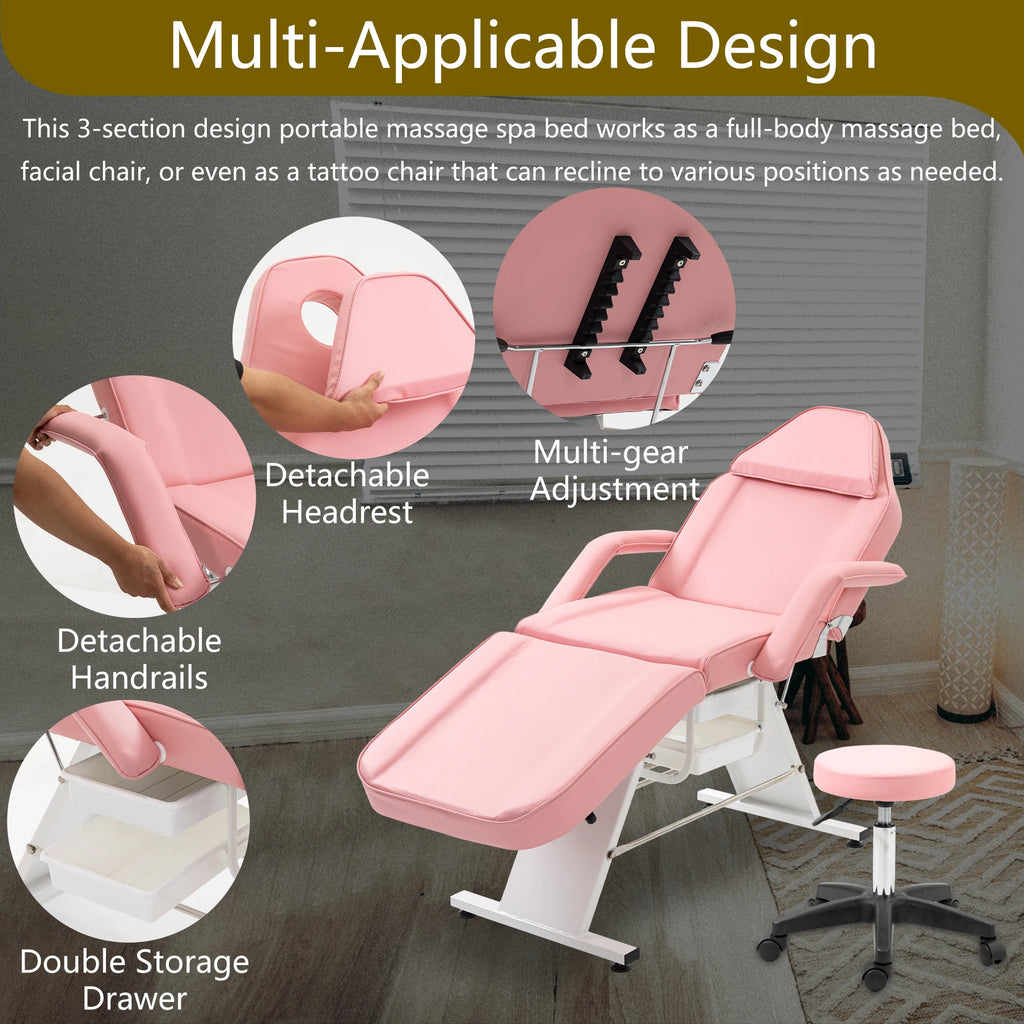 Multi-Purpose Chair, 3-Section Adjustable Facial Bed with Trays, Pink + Metal
