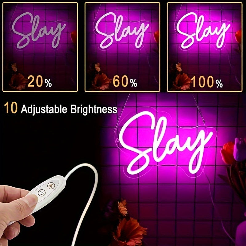 Pink Slay Neon Sign - LED Neon Sign for Bedroom Room Decor USB Aesthetic Game Center Slay Neon 10"